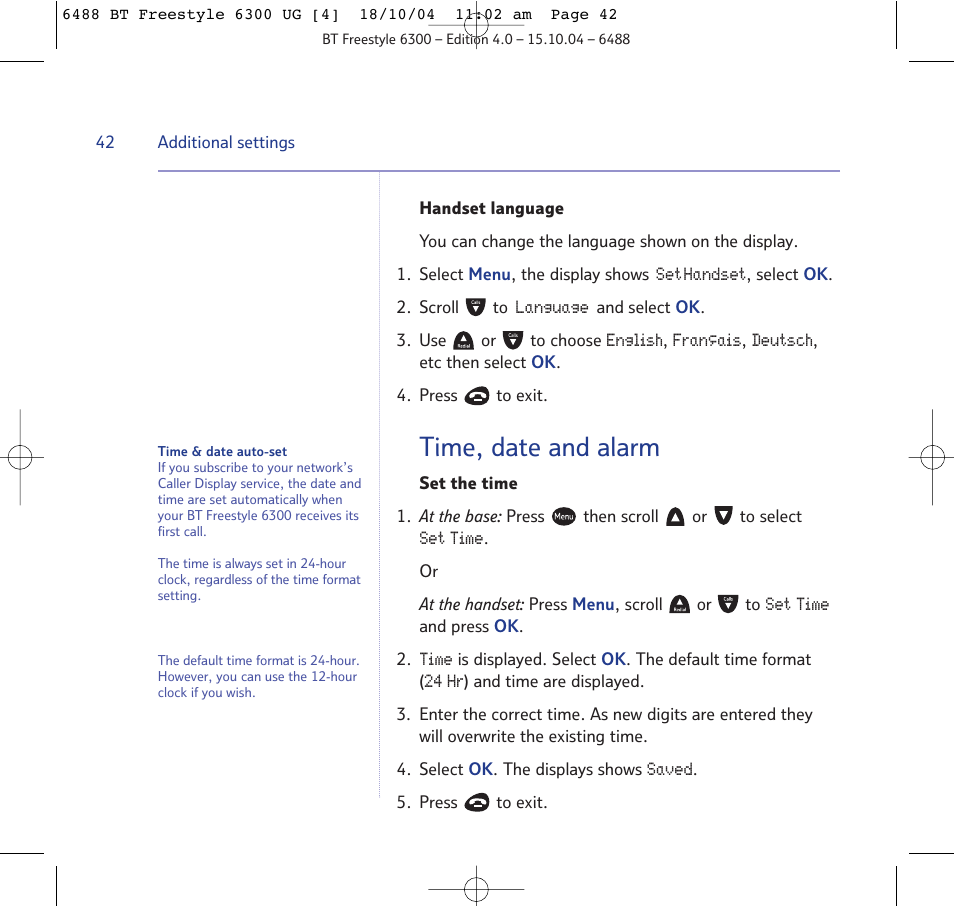 Time, date and alarm | BT 6300 User Manual | Page 42 / 64