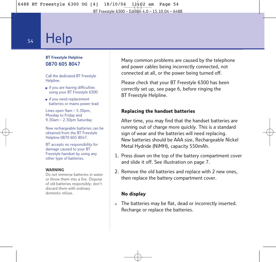 Help | BT 6300 User Manual | Page 54 / 64