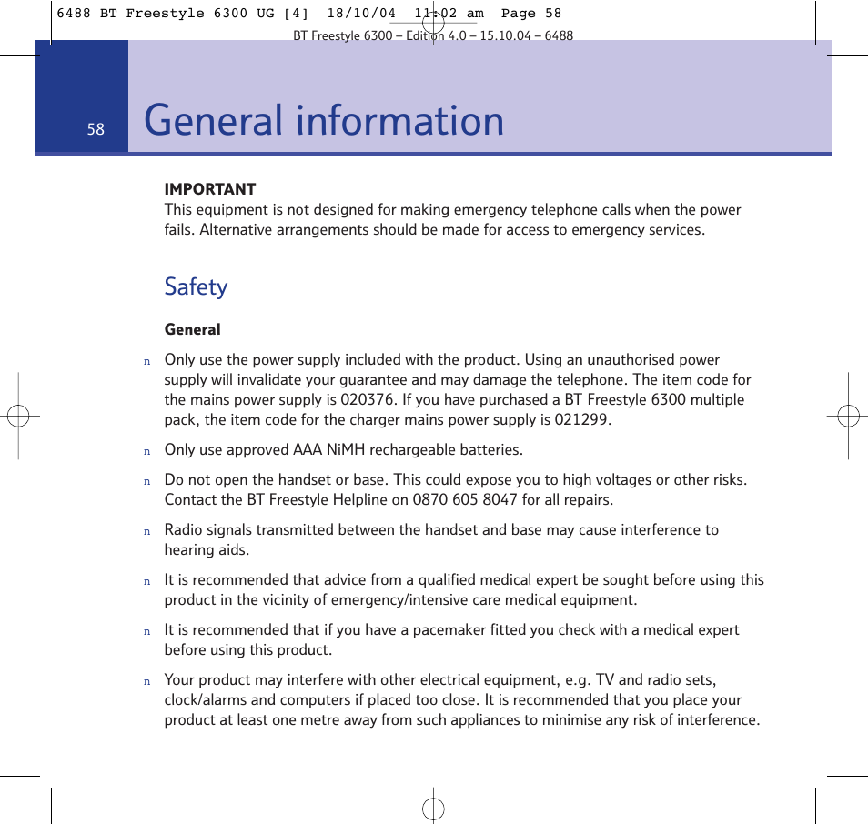 General information, Safety | BT 6300 User Manual | Page 58 / 64