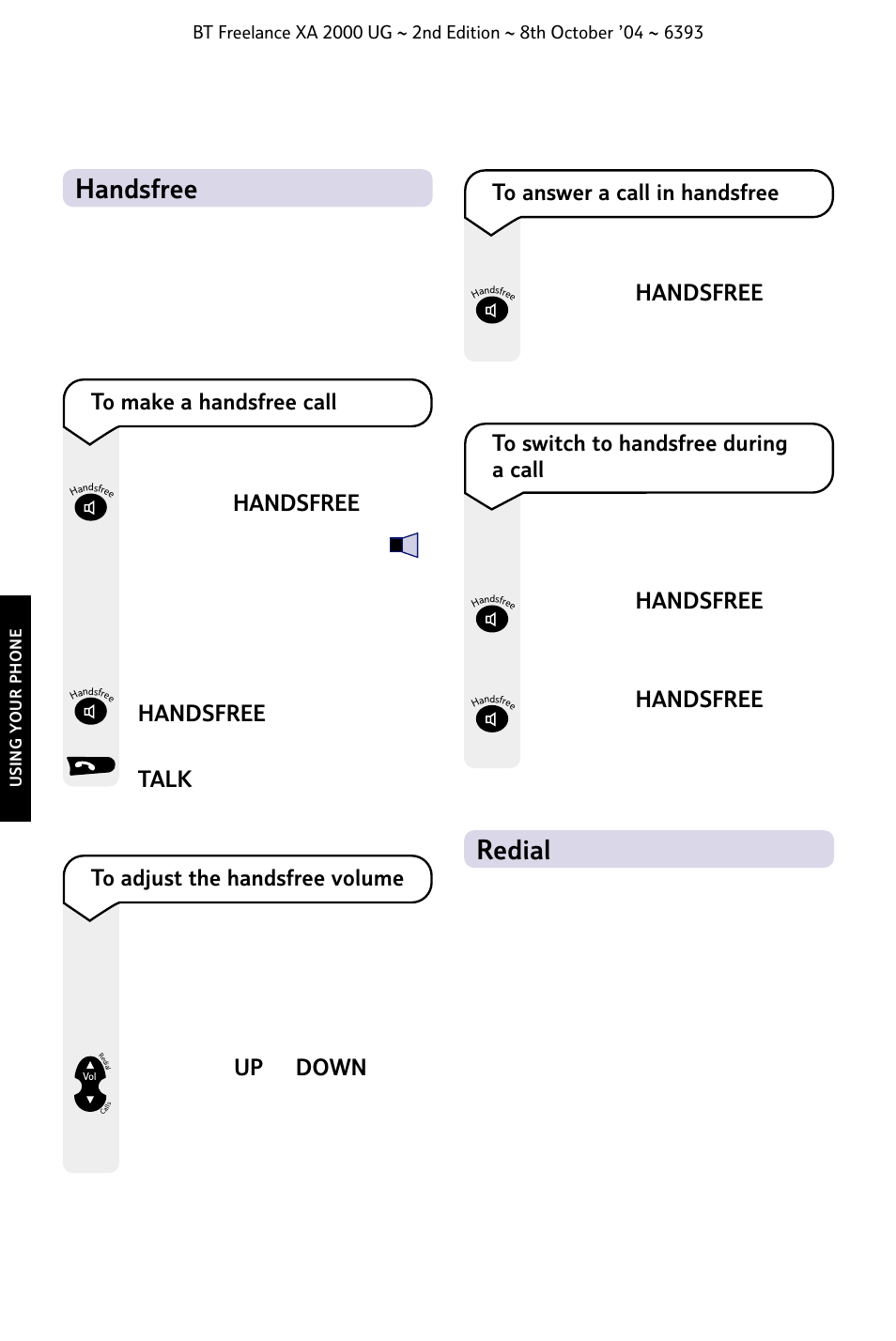 Redial, Handsfree | BT FREELANCE XA 2000 User Manual | Page 18 / 45