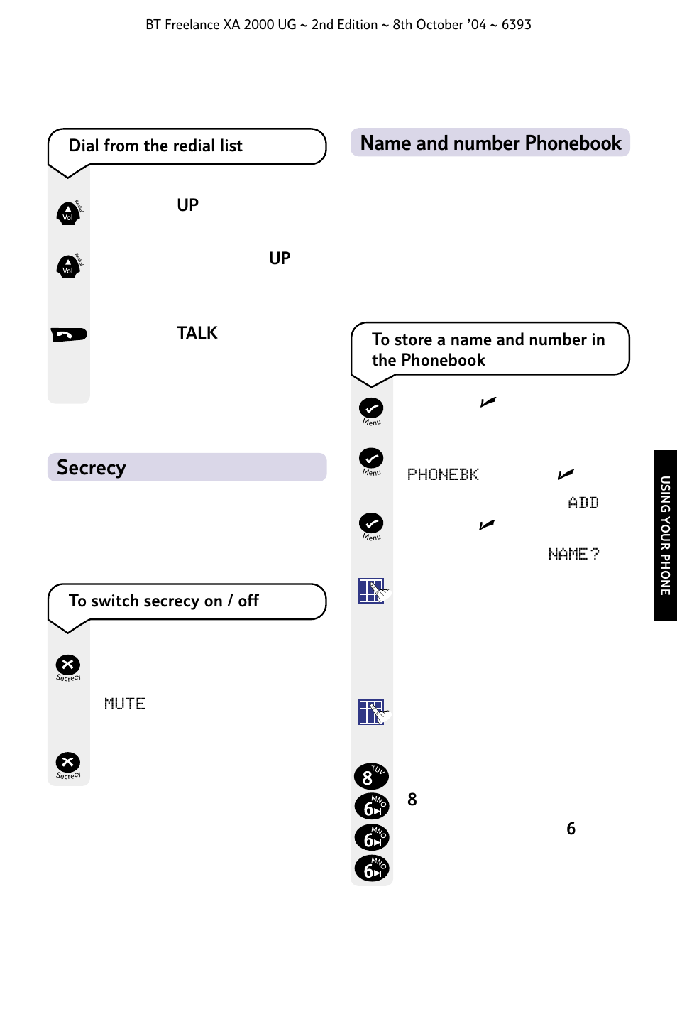 Name and number phonebook, Secrecy | BT FREELANCE XA 2000 User Manual | Page 19 / 45