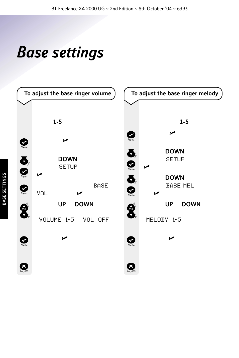 Base settings, Button to return to the standby screen | BT FREELANCE XA 2000 User Manual | Page 26 / 45