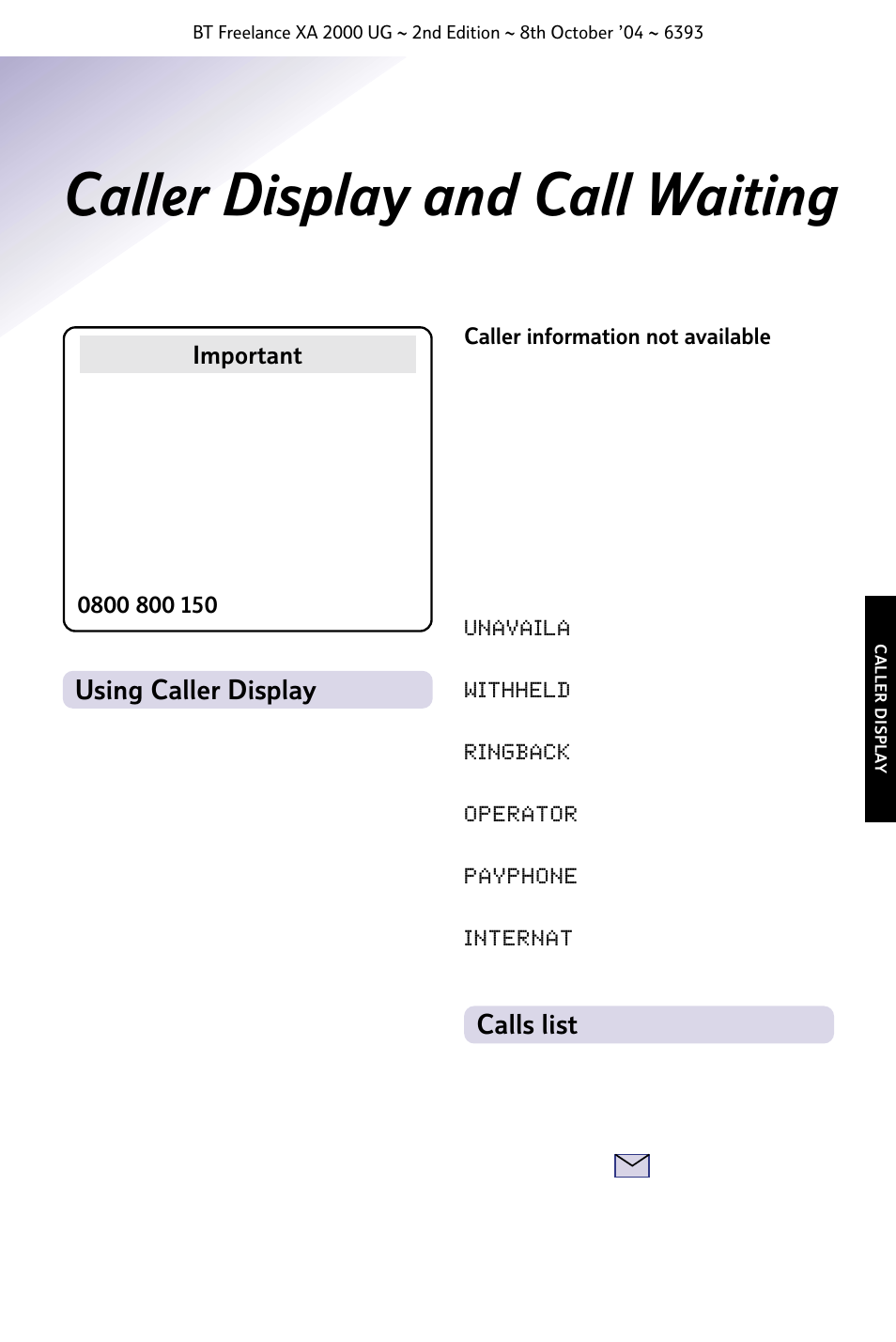 Caller display and call waiting, Using caller display, Calls list | BT FREELANCE XA 2000 User Manual | Page 29 / 45
