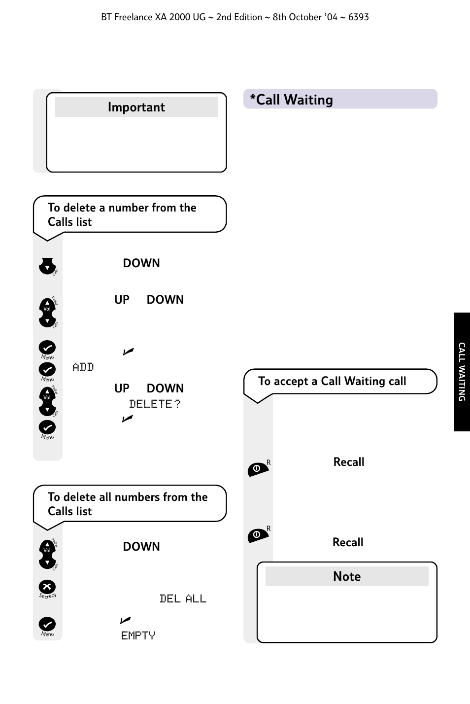 Call waiting, Important | BT FREELANCE XA 2000 User Manual | Page 31 / 45