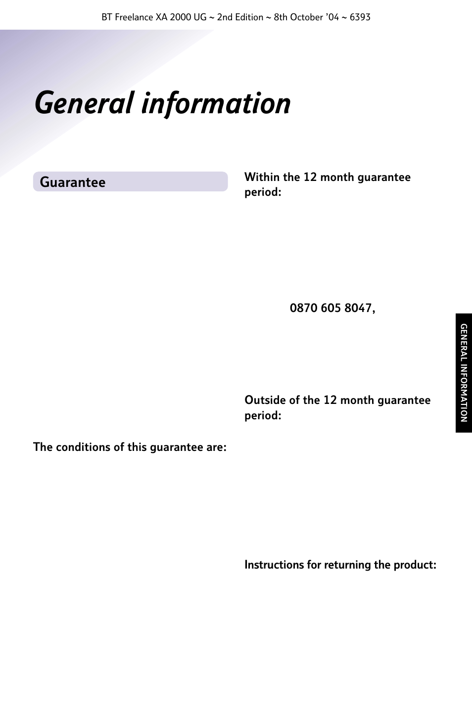 General information, Guarantee | BT FREELANCE XA 2000 User Manual | Page 39 / 45