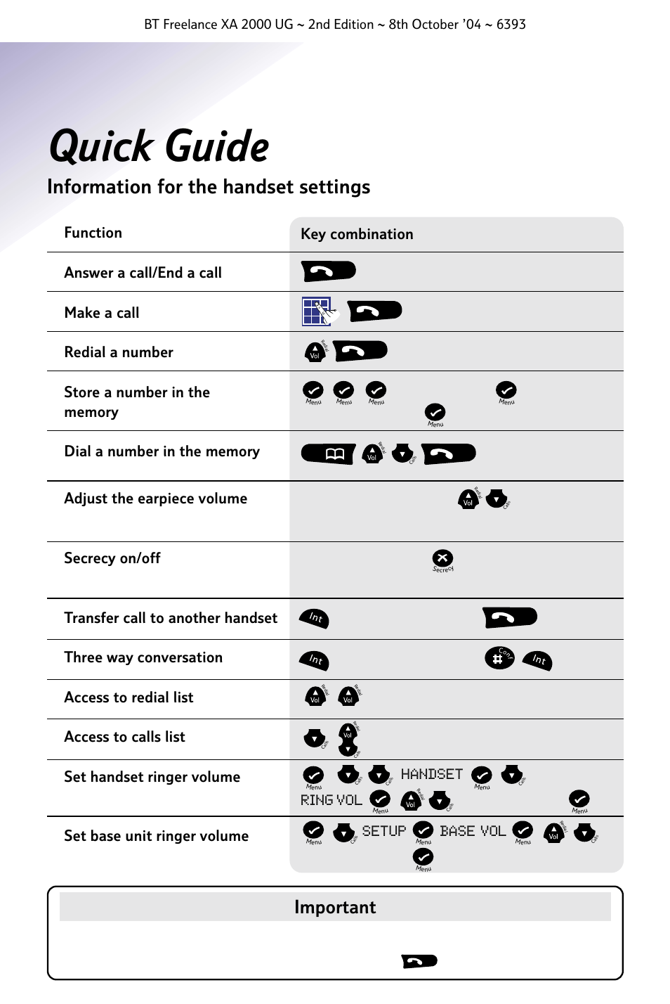 Quick guide, Information for the handset settings, Important | BT FREELANCE XA 2000 User Manual | Page 5 / 45