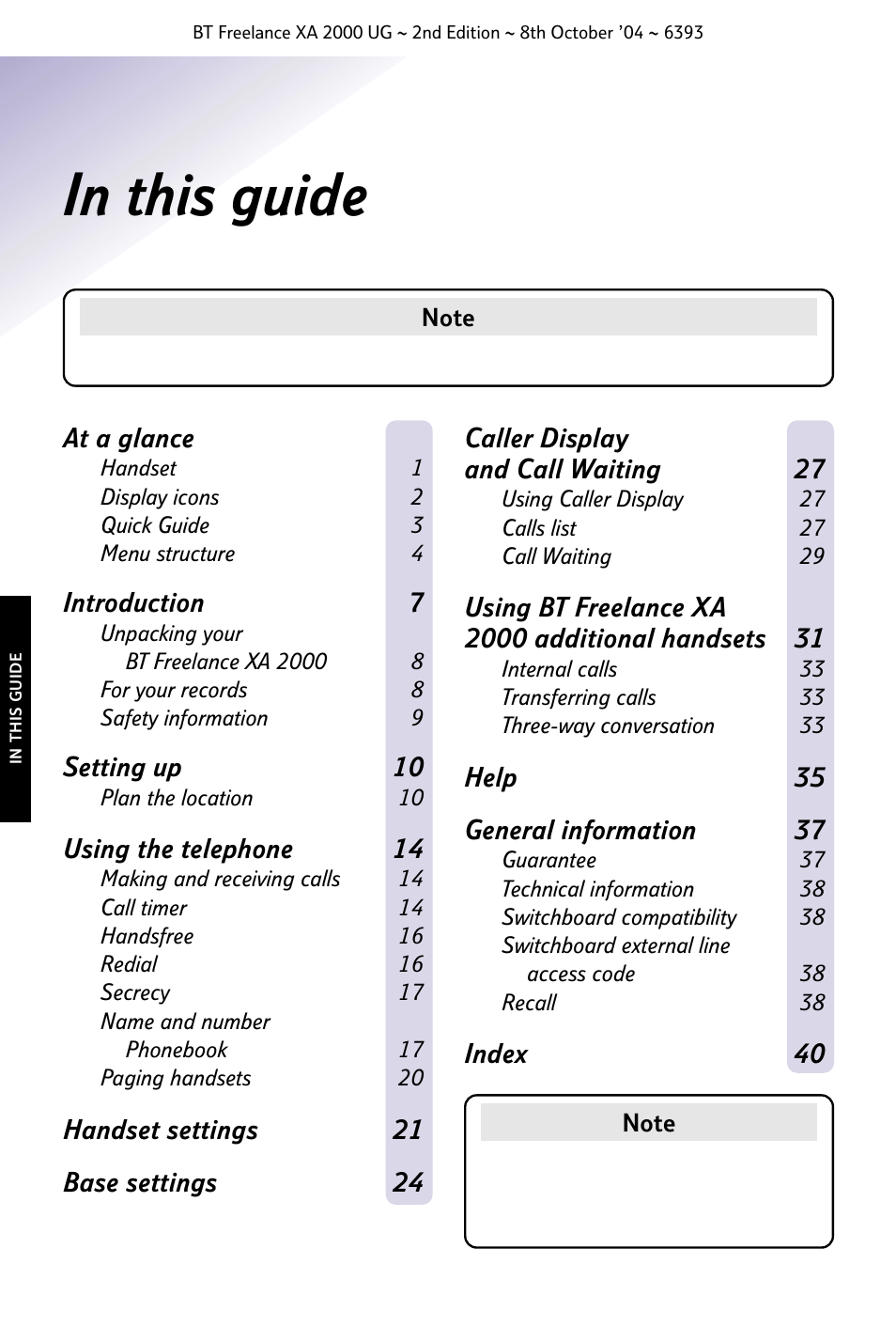 At a glance, Introduction 7, Setting up 10 | Using the telephone 14, Help 35 general information 37, Index 40 | BT FREELANCE XA 2000 User Manual | Page 8 / 45