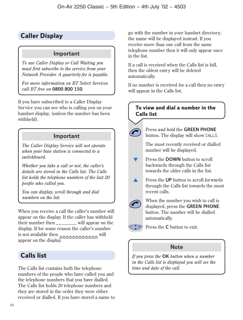 Caller display, Calls list, Important | BT 2100 Classic User Manual | Page 11 / 42