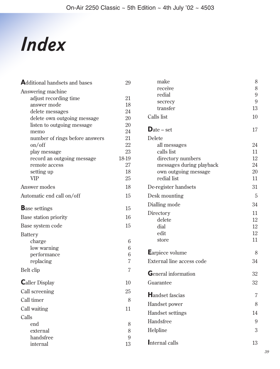 Index | BT 2100 Classic User Manual | Page 40 / 42