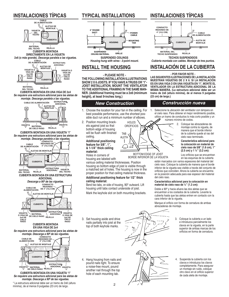 Typical installations, Instalaciones típicas, Install the housing | Instalación de la cubierta, Construcción nueva, New construction | Broan 684 User Manual | Page 2 / 4