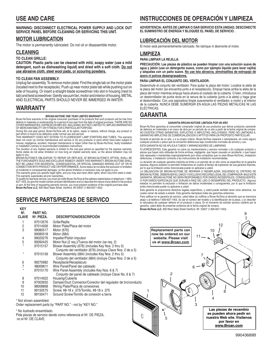 Use and care, Garantia warranty, Motor lubrication | Cleaning, Lubricación del motor, Limpieza | Broan 684 User Manual | Page 4 / 4