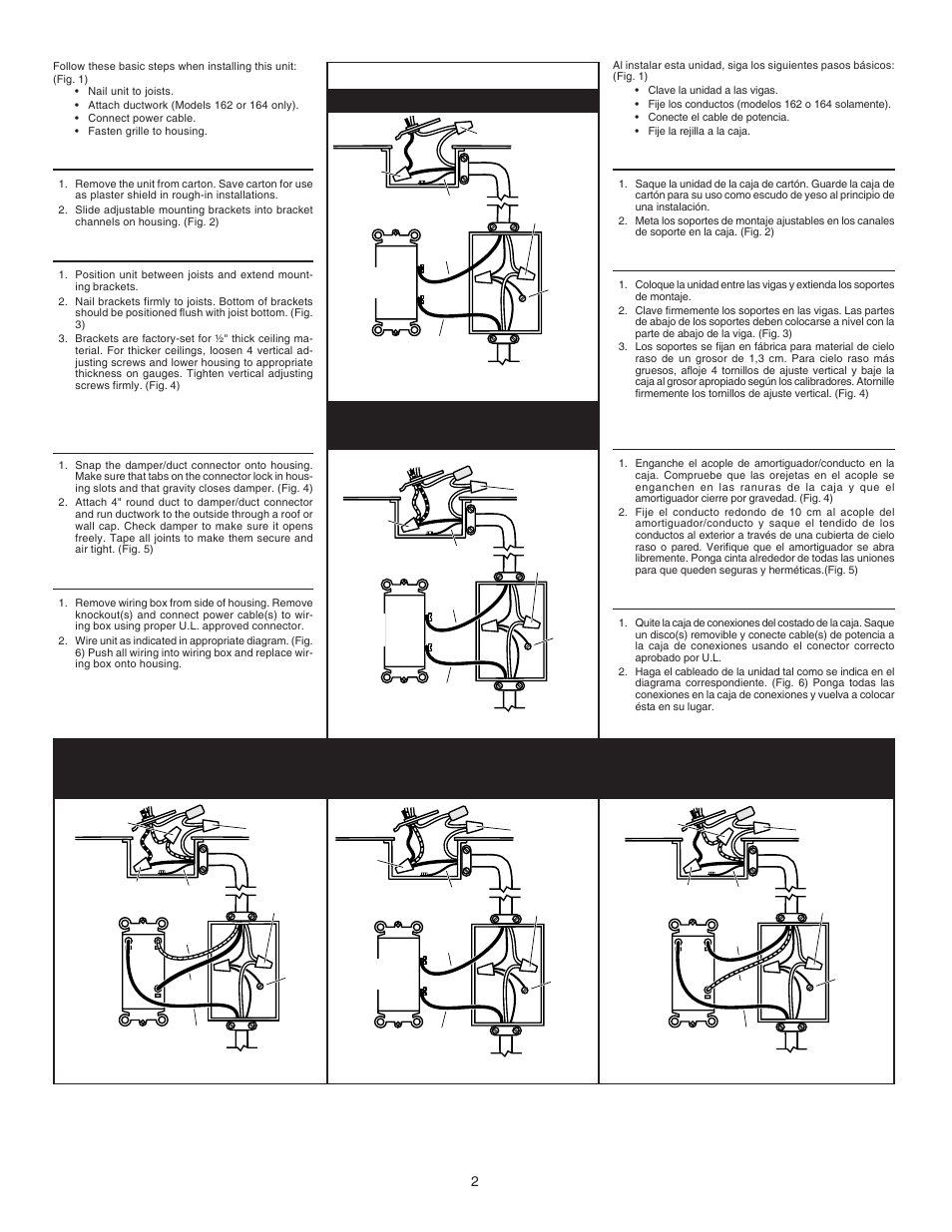 Prepare the heater, Install the heater, Attach ductwork | Wire the heater, Preparacion del calentador, Instalacion del calentador, Fije los conductos, Cableado del calentador | Broan 163 User Manual | Page 2 / 4