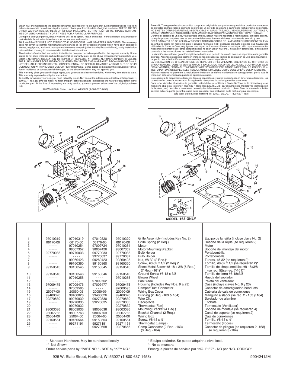 Piezas de servicio, Service parts | Broan 163 User Manual | Page 4 / 4