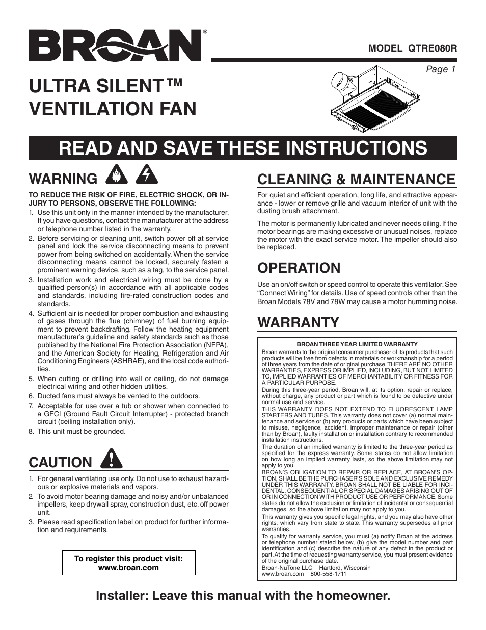 Broan ULTRA SILENT QTRE080R User Manual | 8 pages