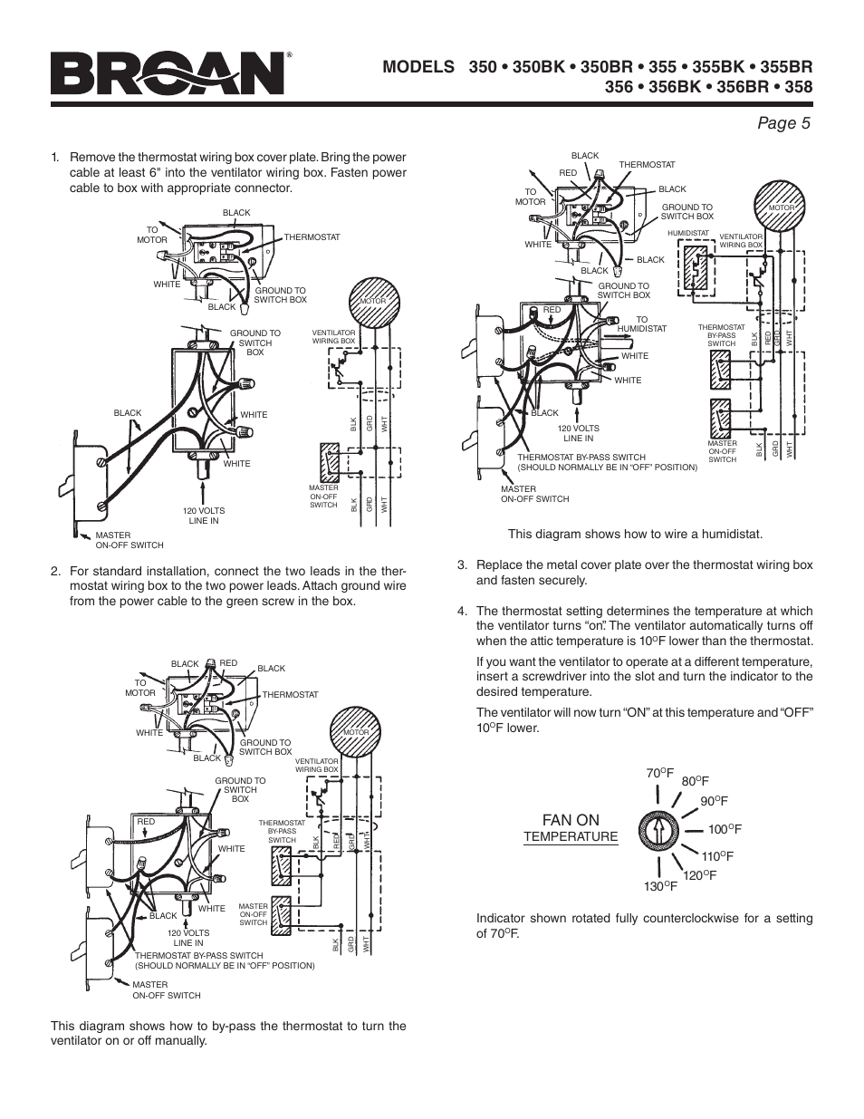 Fan on, F lower. 70, F100 | F110, F120, F130 | Broan 356 User Manual | Page 5 / 8