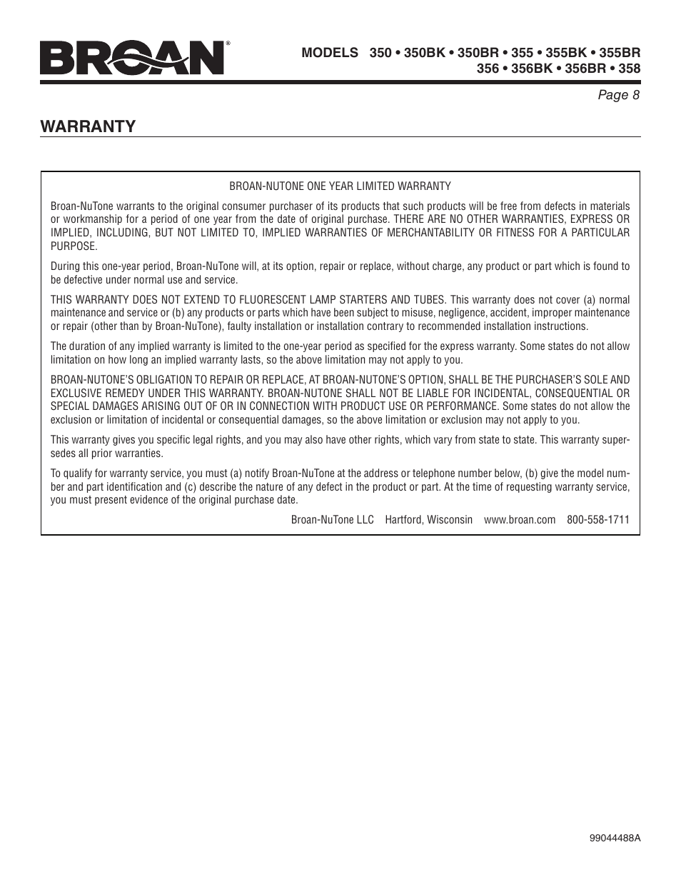 Warranty | Broan 356 User Manual | Page 8 / 8