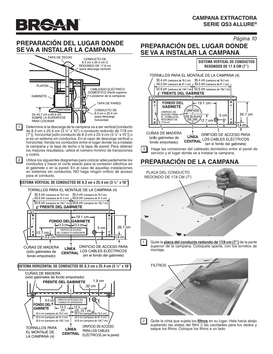 Page 10 allure, Página 10 | Broan ALLURE QS3 User Manual | Page 10 / 16