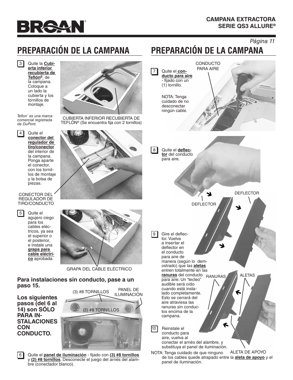 Preparación de la campana | Broan ALLURE QS3 User Manual | Page 11 / 16