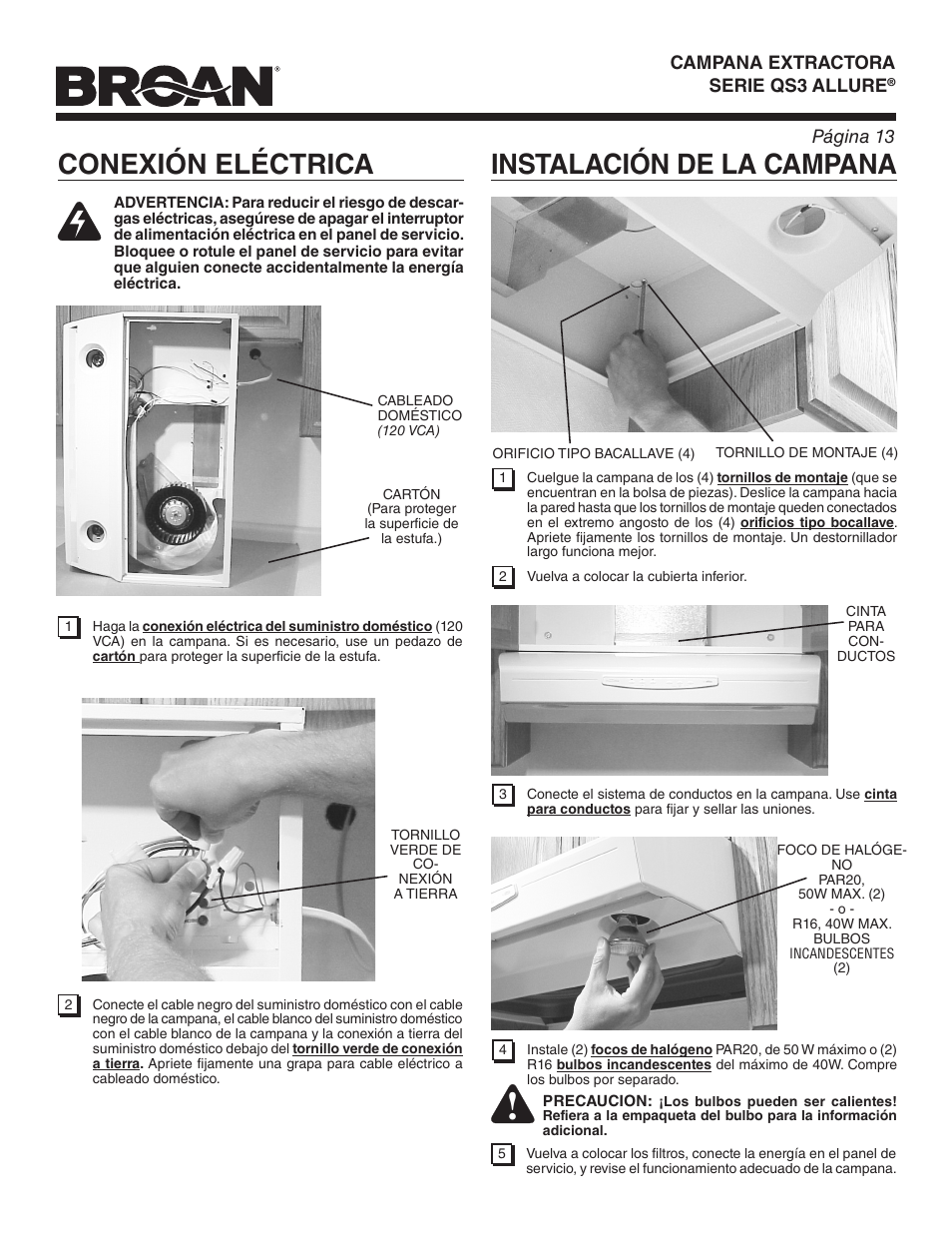 Conexión eléctrica, Instalación de la campana | Broan ALLURE QS3 User Manual | Page 13 / 16