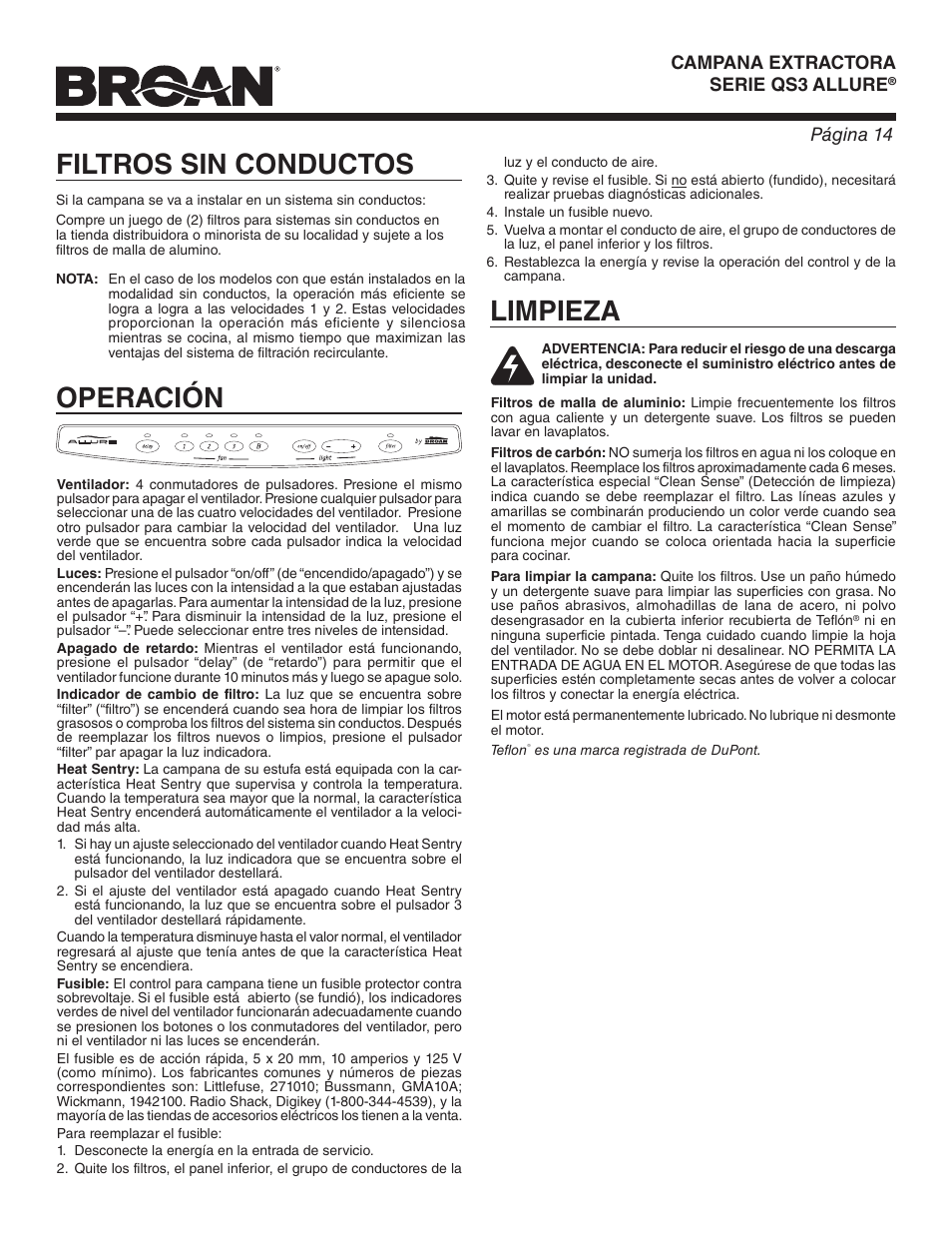 Filtros sin conductos, Operación, Limpieza | Broan ALLURE QS3 User Manual | Page 14 / 16