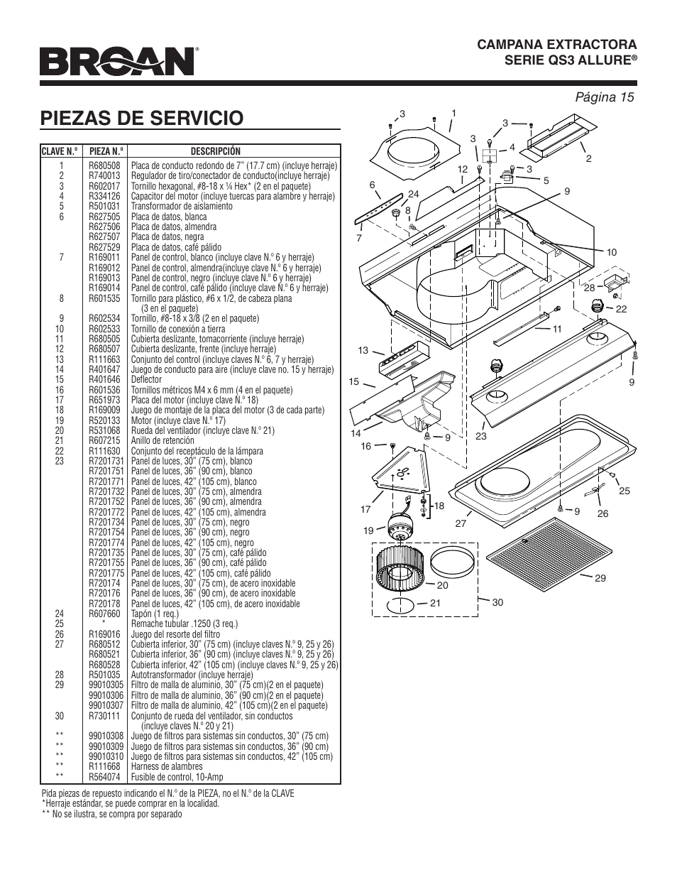 Piezas de servicio, Page 15 allure, Página 15 | Broan ALLURE QS3 User Manual | Page 15 / 16