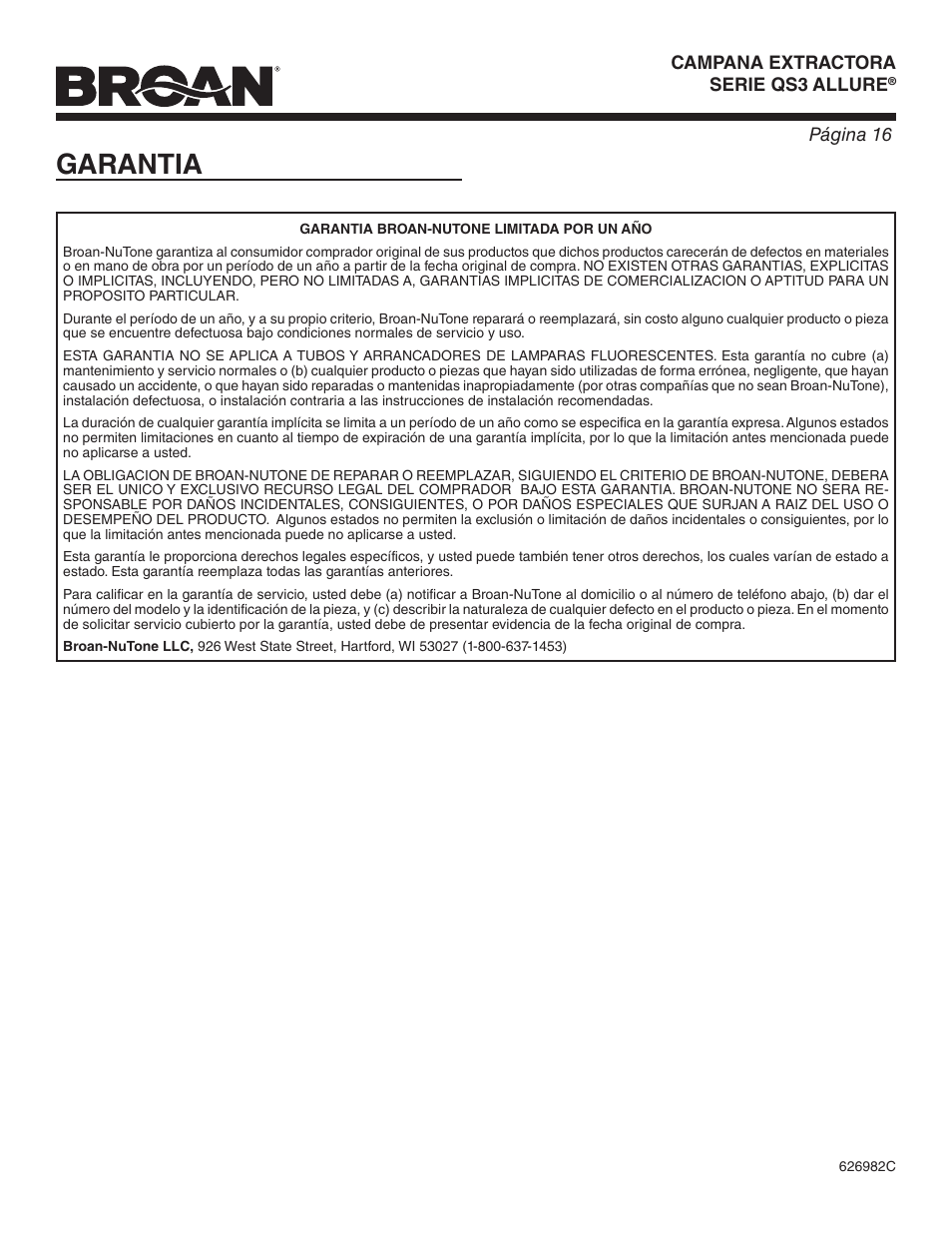 Garantia | Broan ALLURE QS3 User Manual | Page 16 / 16