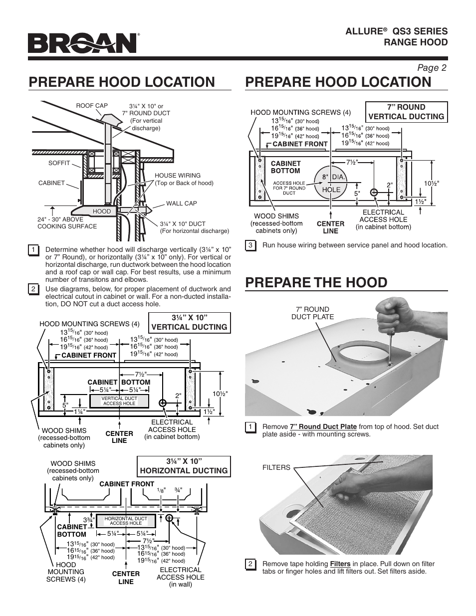 Prepare hood location prepare the hood, Prepare hood location, Page 2 allure | Qs3 series range hood | Broan ALLURE QS3 User Manual | Page 2 / 16