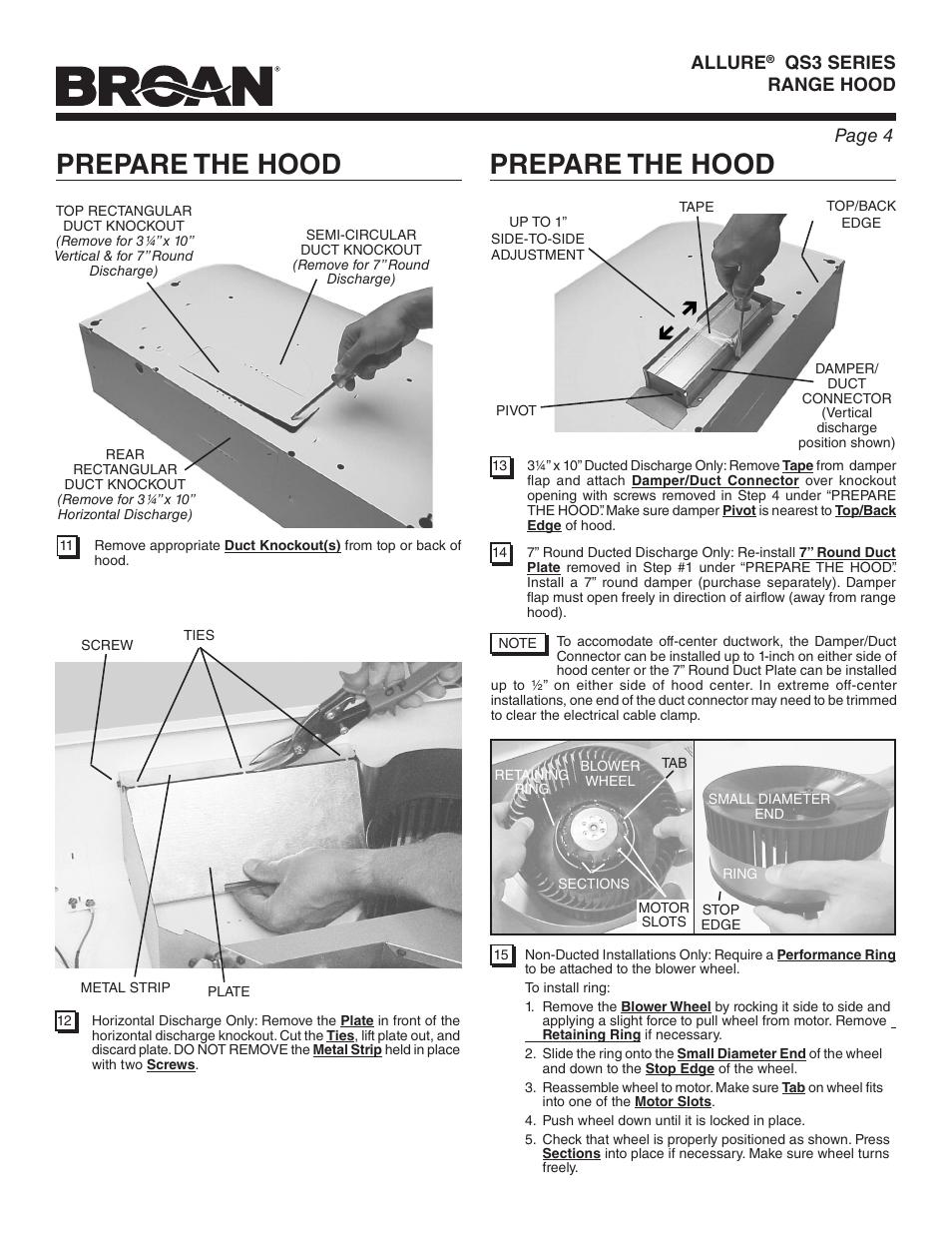 Prepare the hood, Page 4 allure, Qs3 series range hood | Broan ALLURE QS3 User Manual | Page 4 / 16