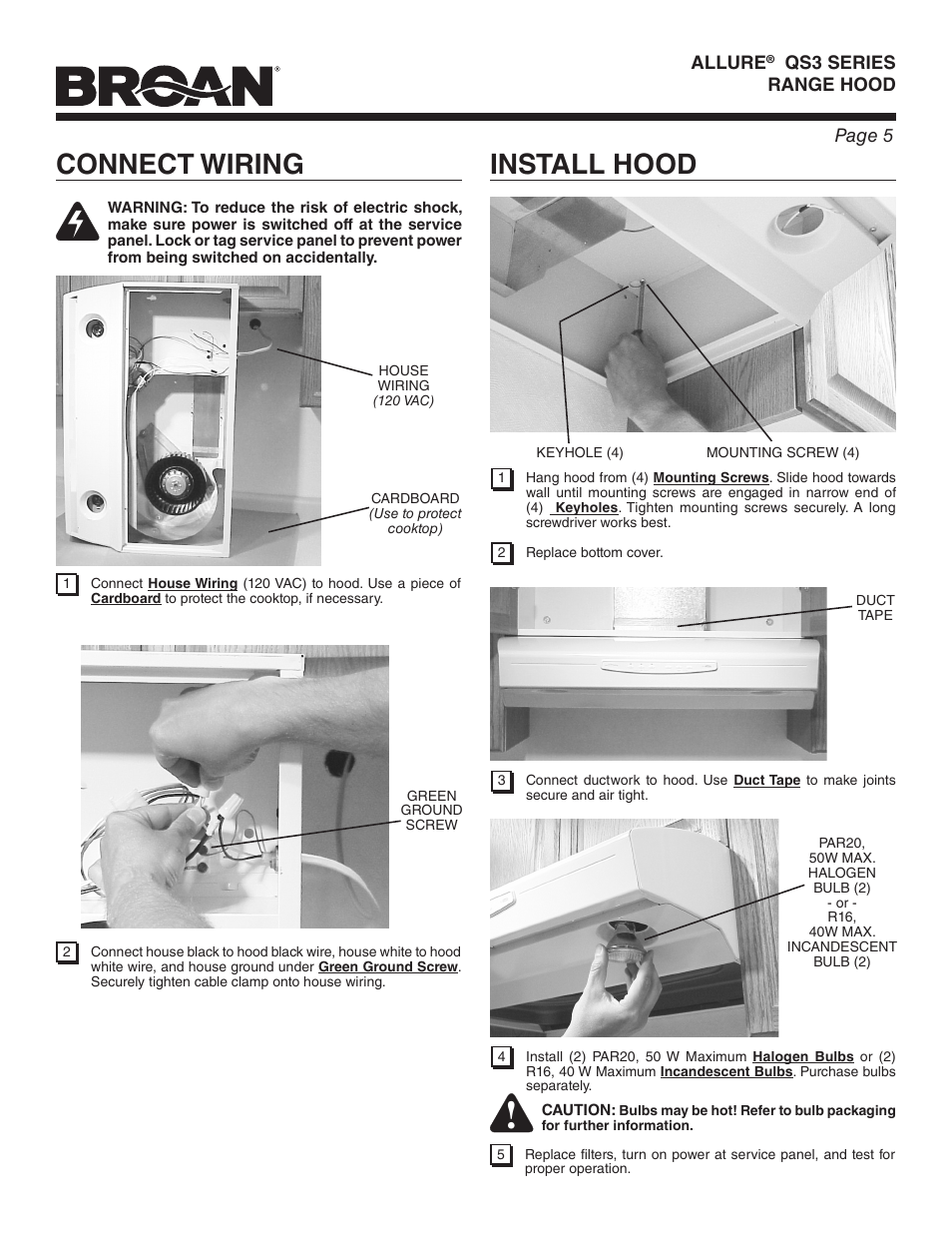 Connect wiring, Install hood | Broan ALLURE QS3 User Manual | Page 5 / 16