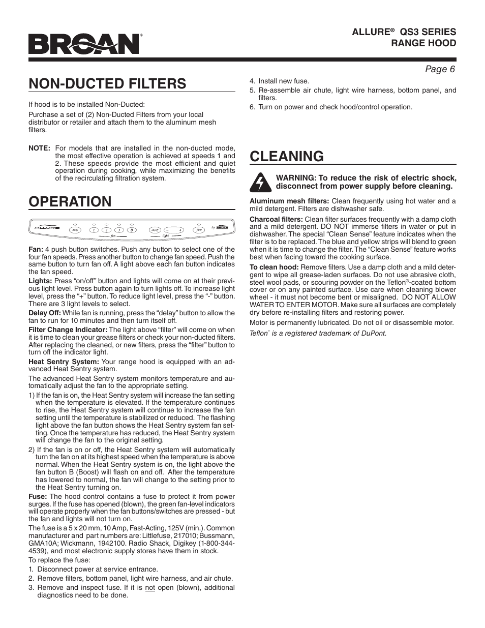 Non-ducted filters, Operation cleaning | Broan ALLURE QS3 User Manual | Page 6 / 16