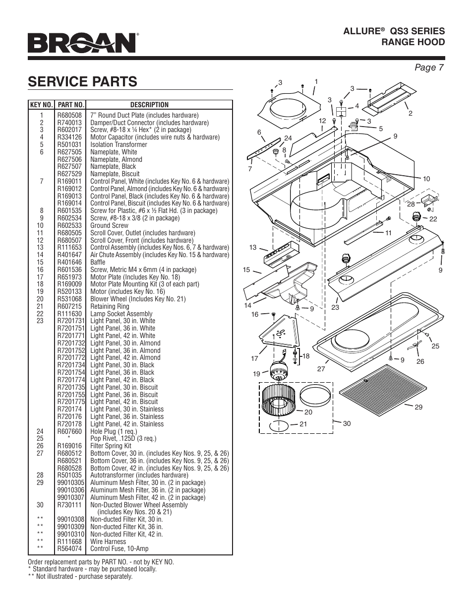 Service parts, Page 7 allure, Qs3 series range hood | Broan ALLURE QS3 User Manual | Page 7 / 16