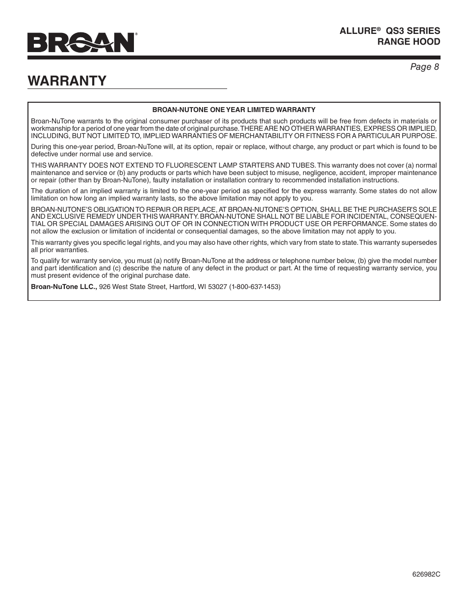 Warranty | Broan ALLURE QS3 User Manual | Page 8 / 16