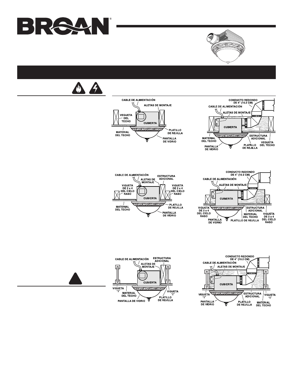 Ventilador de cielo raso serie decorativa, Lea y conserve estas instrucciones, Advertencia | Precaución, Instalaciones típicas | Broan 755 User Manual | Page 5 / 8