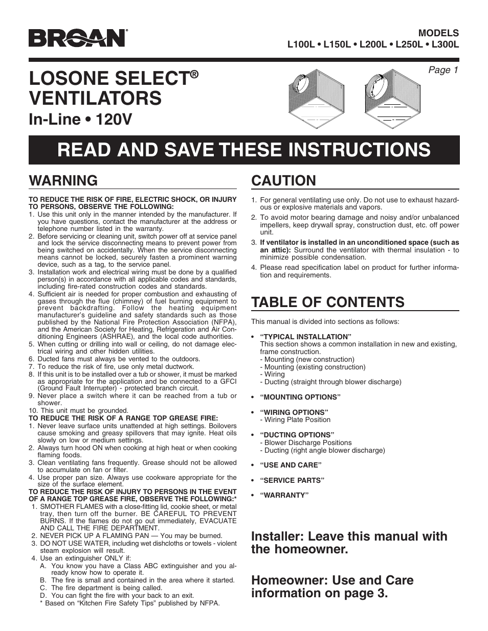 Broan LOSONE SELECT L100L User Manual | 12 pages