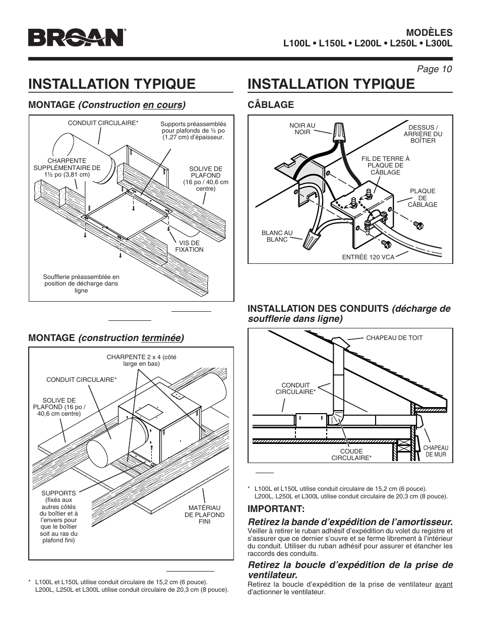 Installation typique, Décharge de soufflerie dans ligne), Construction en cours) | Construction terminée), Retirez la bande d’expédition de l’amortisseur, Modèles, Câblage, Montage, Important | Broan LOSONE SELECT L100L User Manual | Page 10 / 12