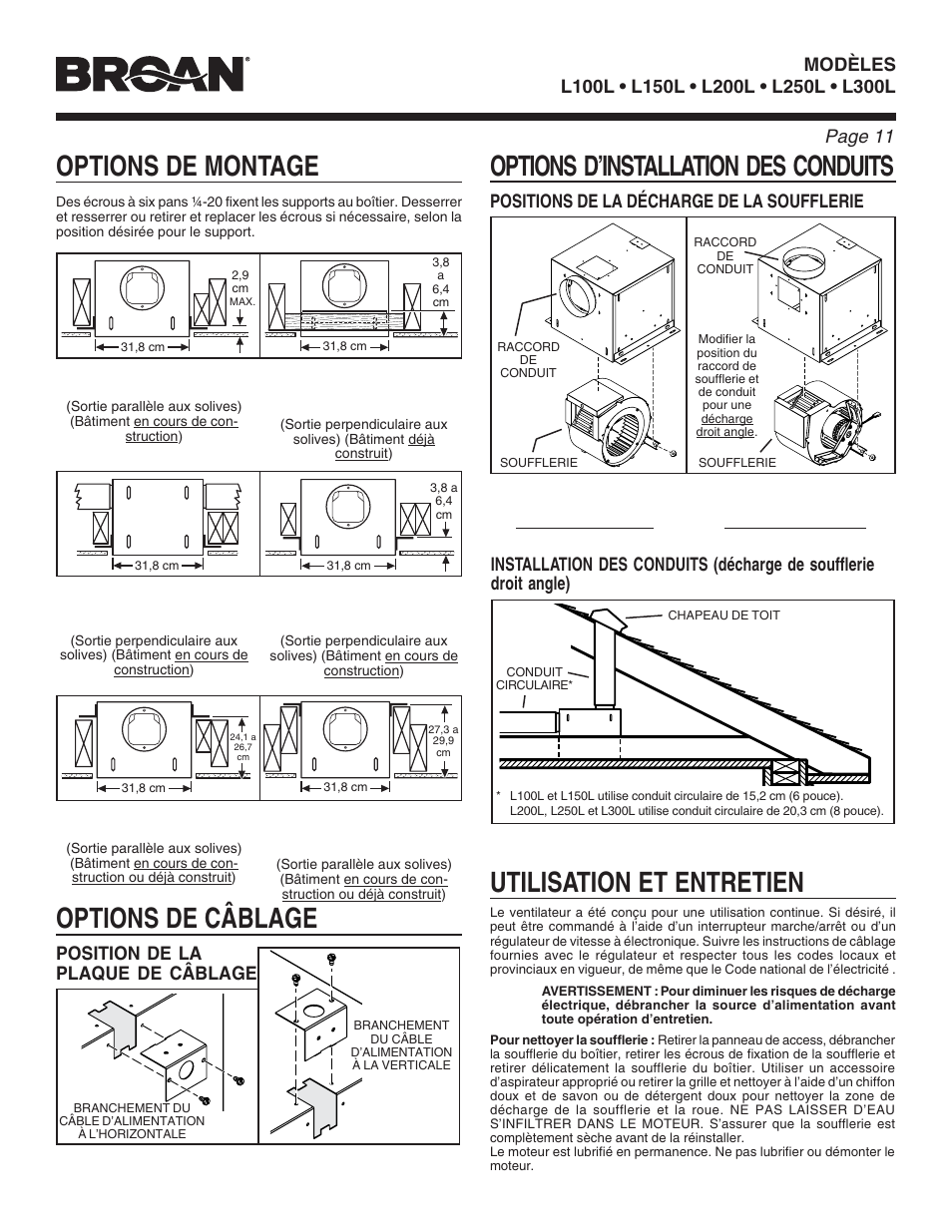 Utilisation et entretien, Supports en position préassemblée | Broan LOSONE SELECT L100L User Manual | Page 11 / 12