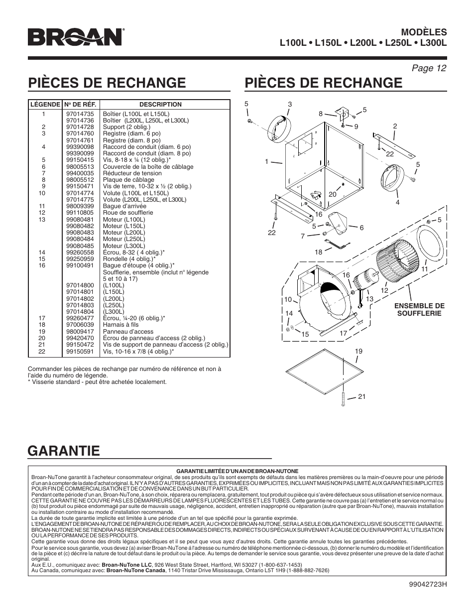 Pièces de rechange, Garantie, Modèles | Broan LOSONE SELECT L100L User Manual | Page 12 / 12