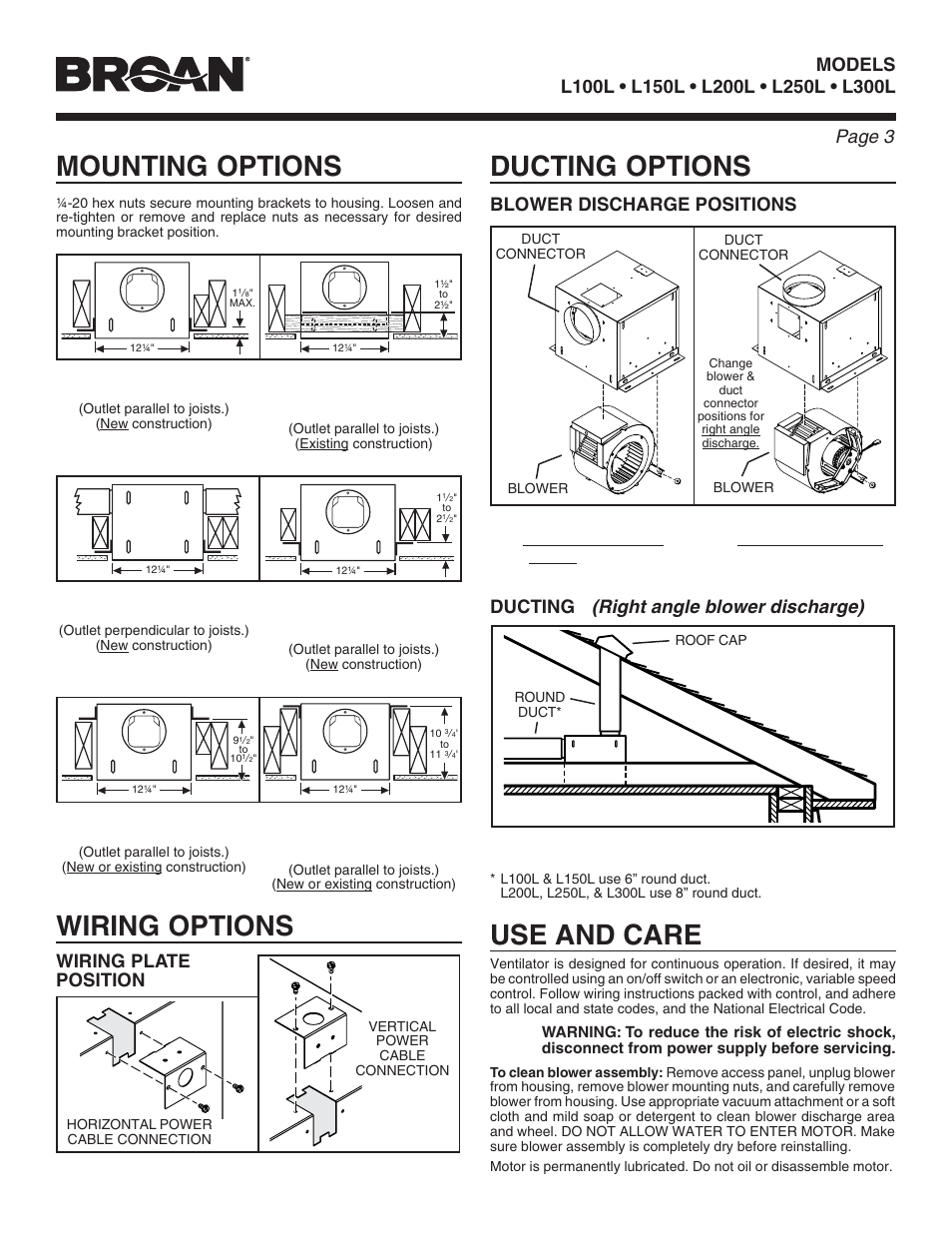 Mounting options wiring options ducting options, Use and care, Right angle blower discharge) | Blower discharge positions wiring plate position, Ducting | Broan LOSONE SELECT L100L User Manual | Page 3 / 12