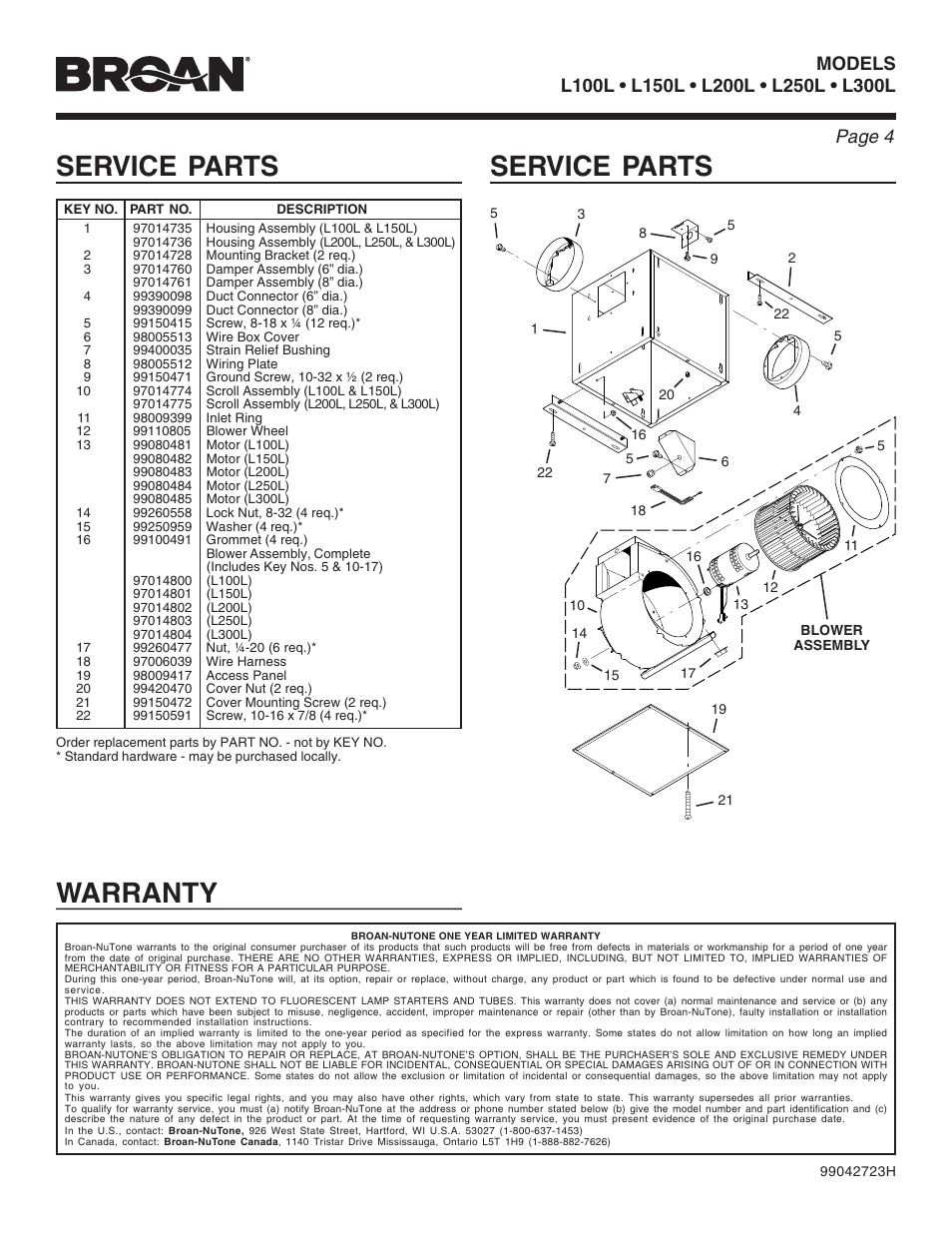 Service parts, Warranty | Broan LOSONE SELECT L100L User Manual | Page 4 / 12