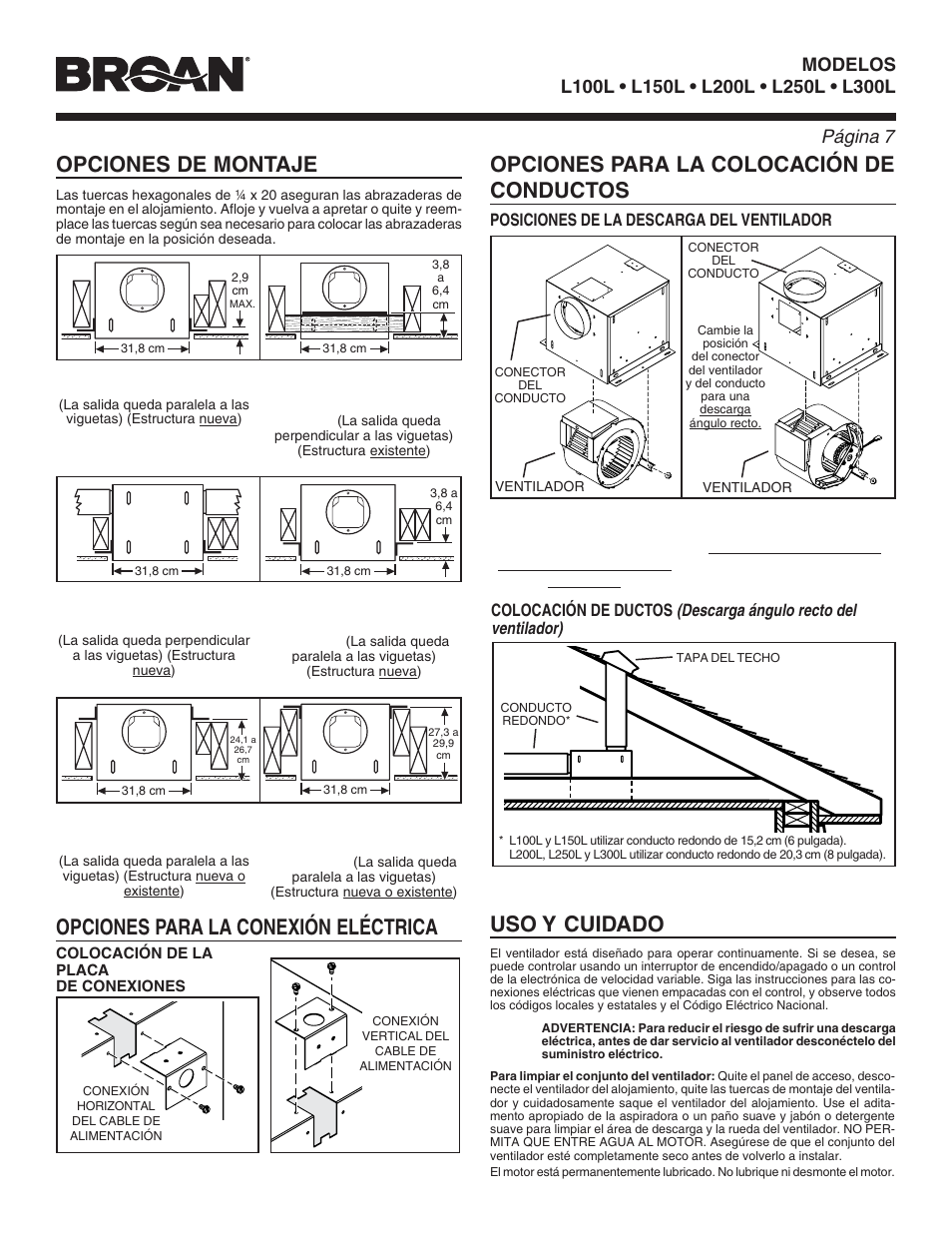 Uso y cuidado, Página, Posiciones de la descarga del ventilador | Broan LOSONE SELECT L100L User Manual | Page 7 / 12