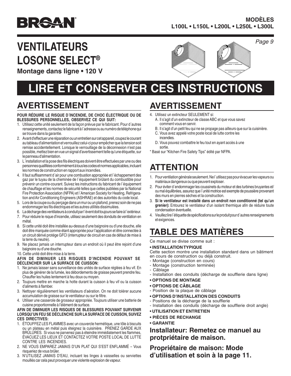 Broan LOSONE SELECT L100L User Manual | Page 9 / 12