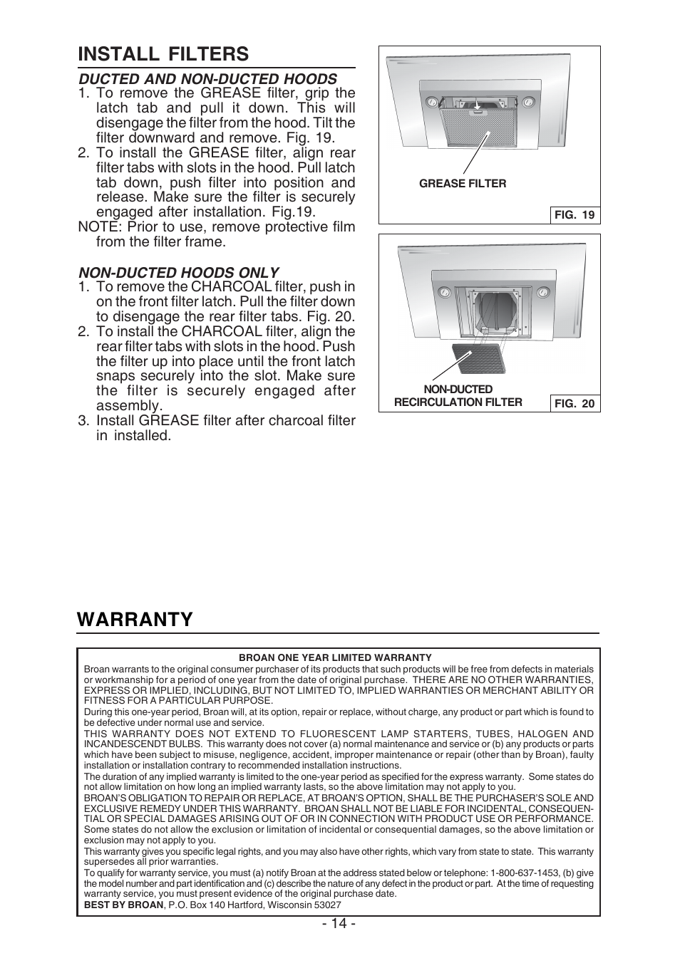 Warranty, Install filters | Broan WC26I User Manual | Page 14 / 44