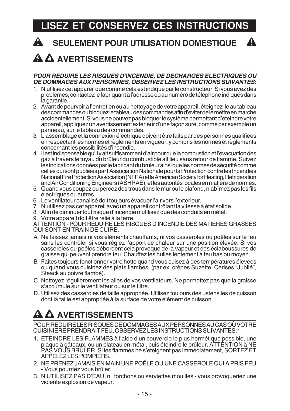 Lisez et conservez ces instructions, Avertissements, Seulement pour utilisation domestique | Broan WC26I User Manual | Page 15 / 44