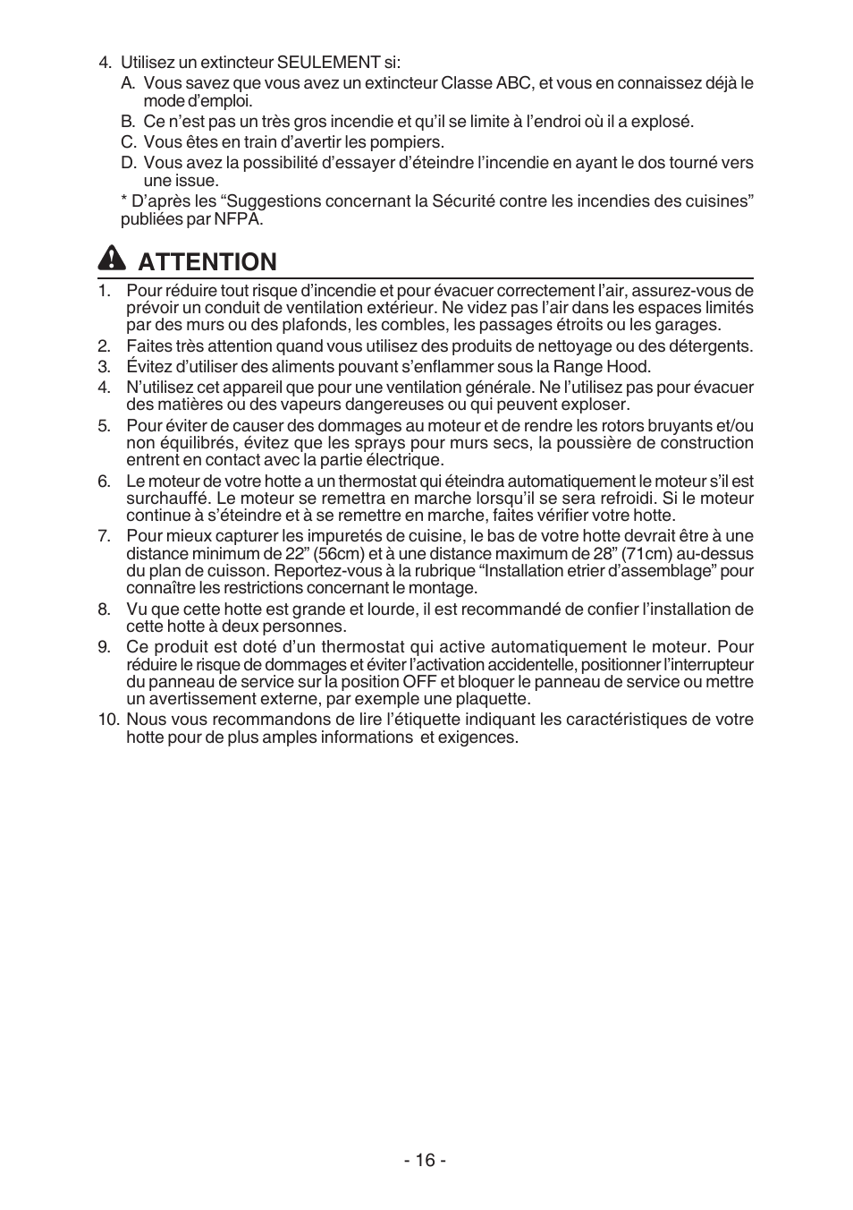 Attention | Broan WC26I User Manual | Page 16 / 44