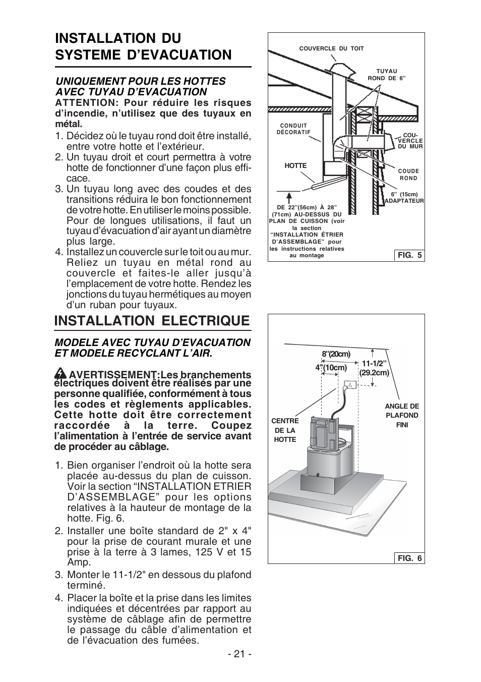 Installation du systeme d’evacuation, Installation electrique | Broan WC26I User Manual | Page 21 / 44