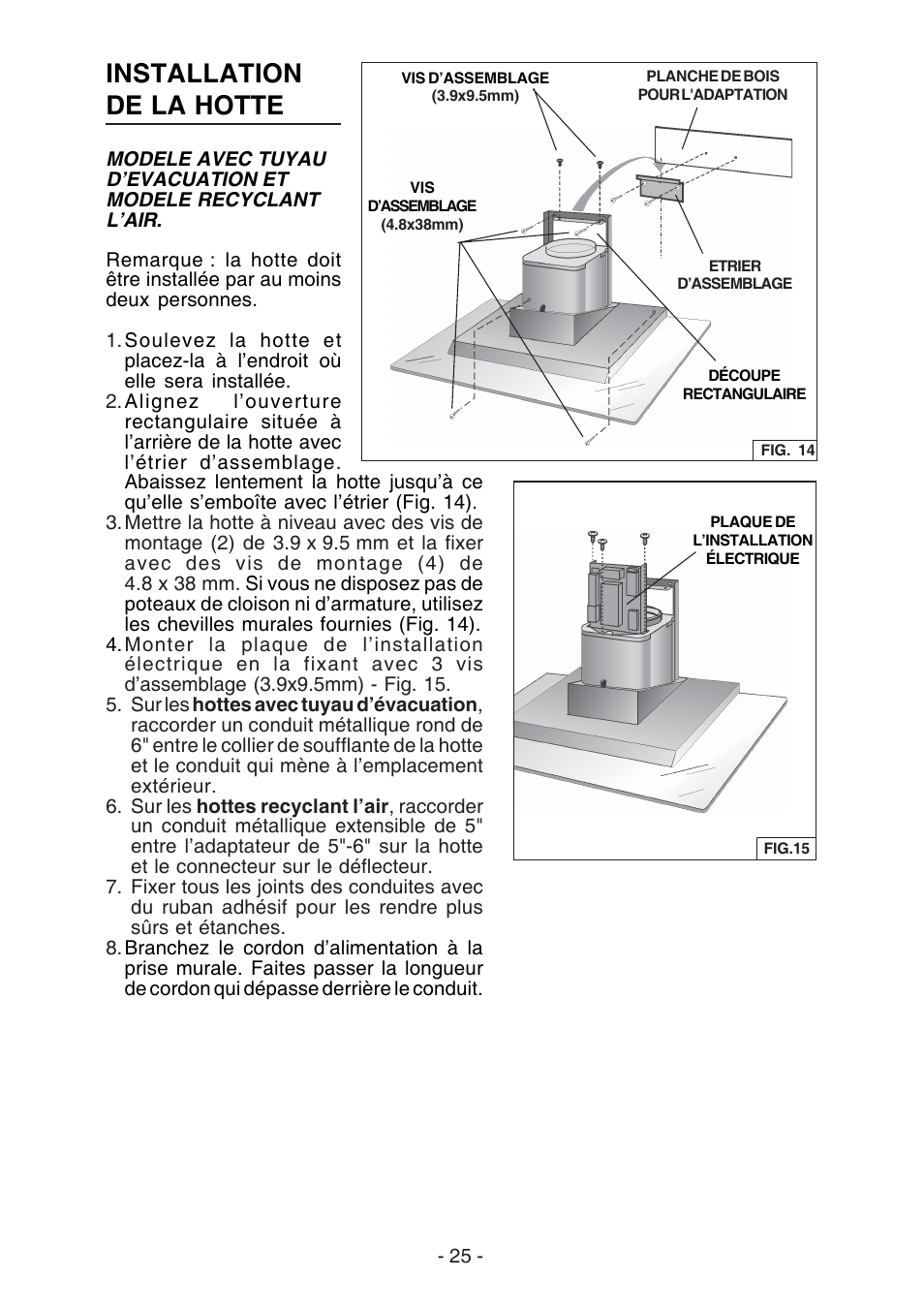 Installation de la hotte | Broan WC26I User Manual | Page 25 / 44