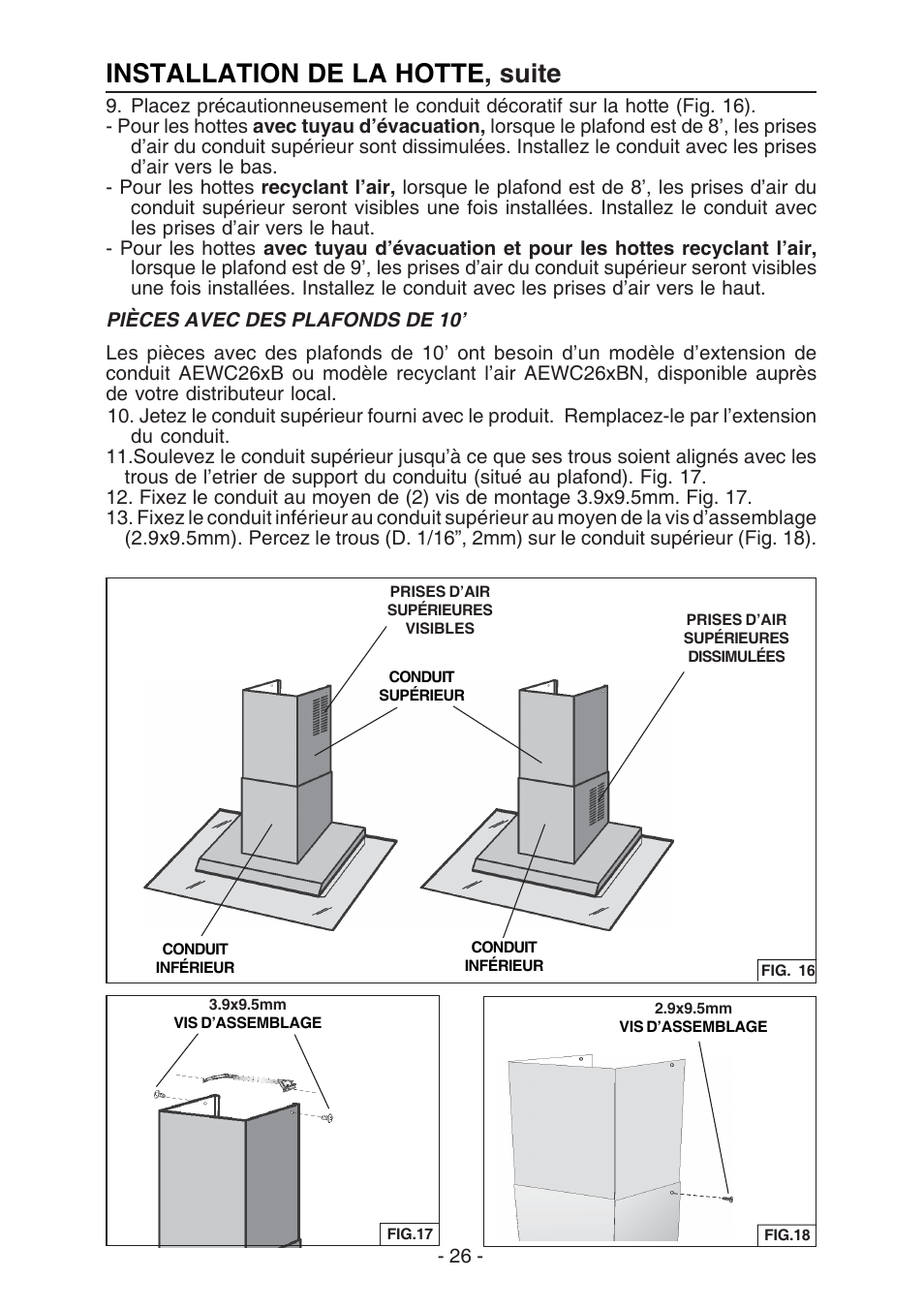 Installation de la hotte , suite | Broan WC26I User Manual | Page 26 / 44