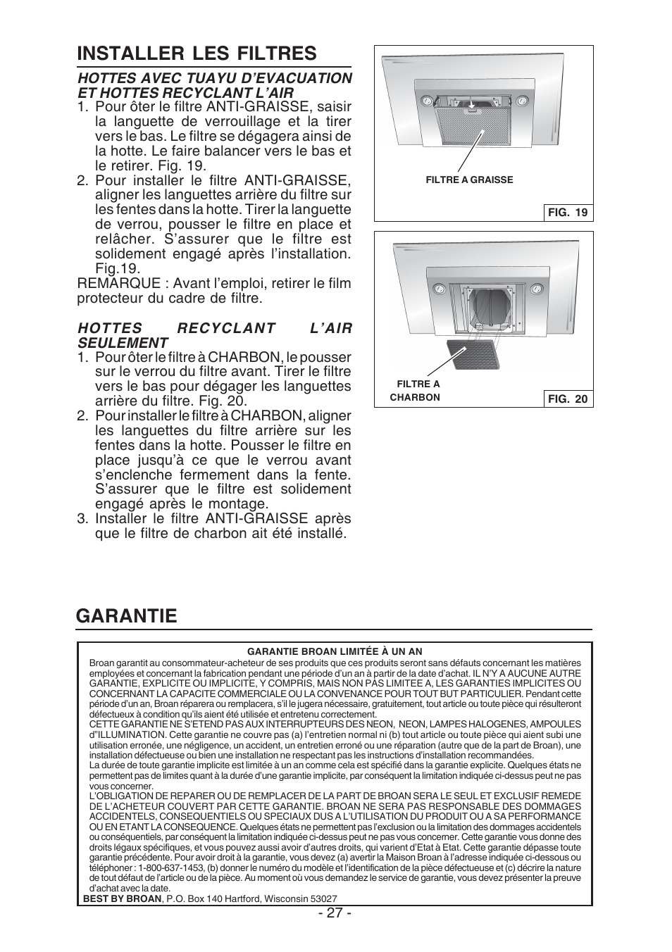 Garantie, Installer les filtres | Broan WC26I User Manual | Page 27 / 44