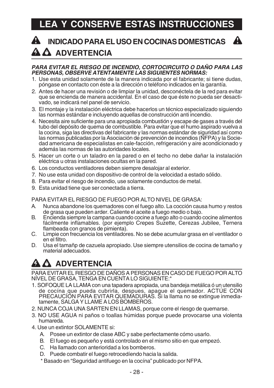 Lea y conserve estas instrucciones, Advertencia, Indicado para el uso en cocinas domesticas | Broan WC26I User Manual | Page 28 / 44