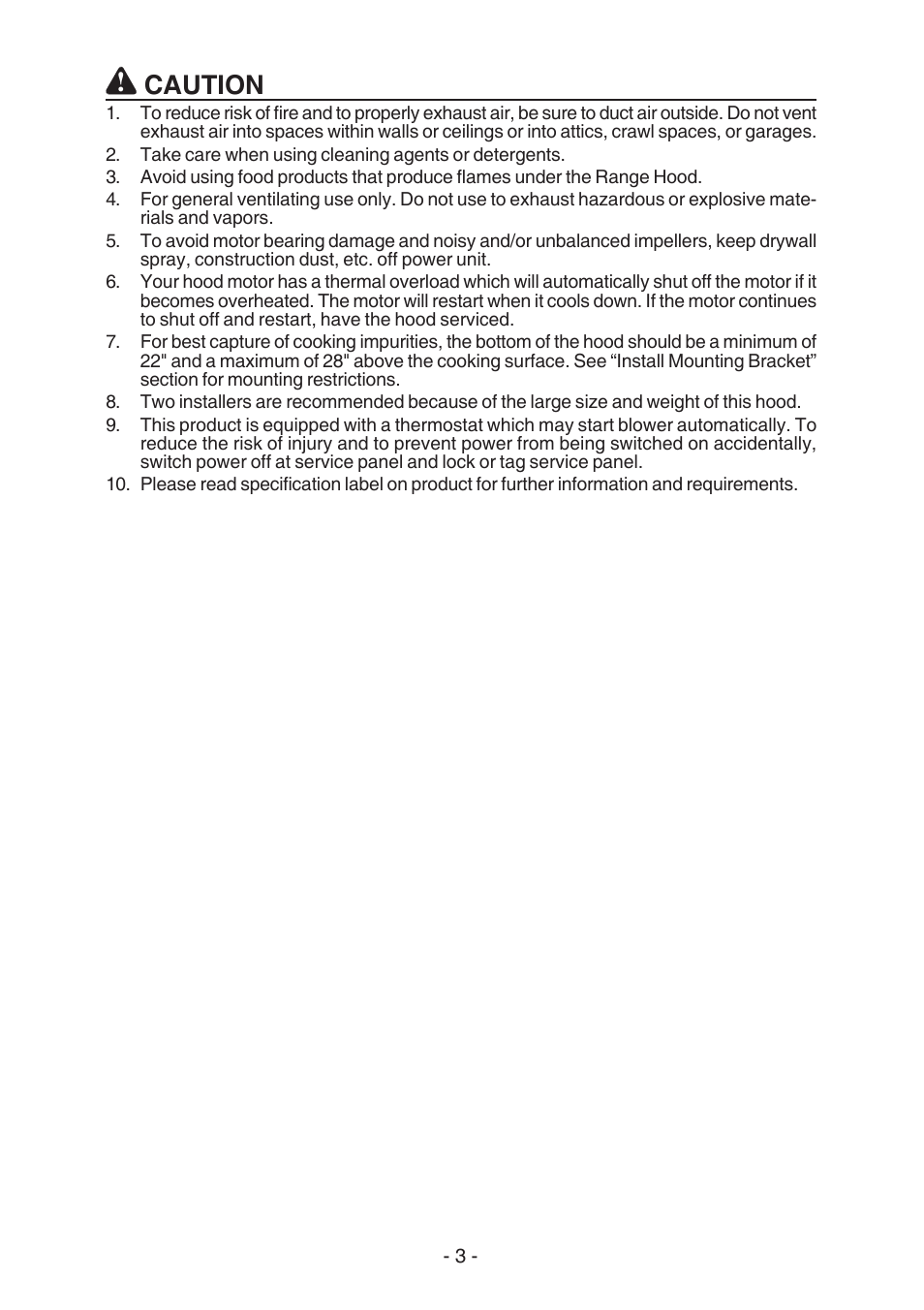 Caution | Broan WC26I User Manual | Page 3 / 44